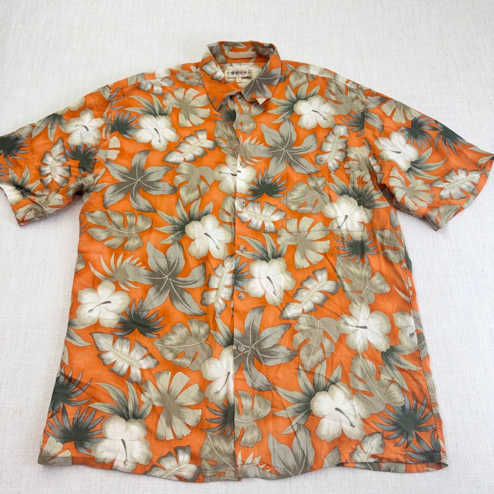 Campia Moda Mens Orange Tropical Hibiscus Floral Rayon Hawaiian Shirt Large L - Picture 15 of 15